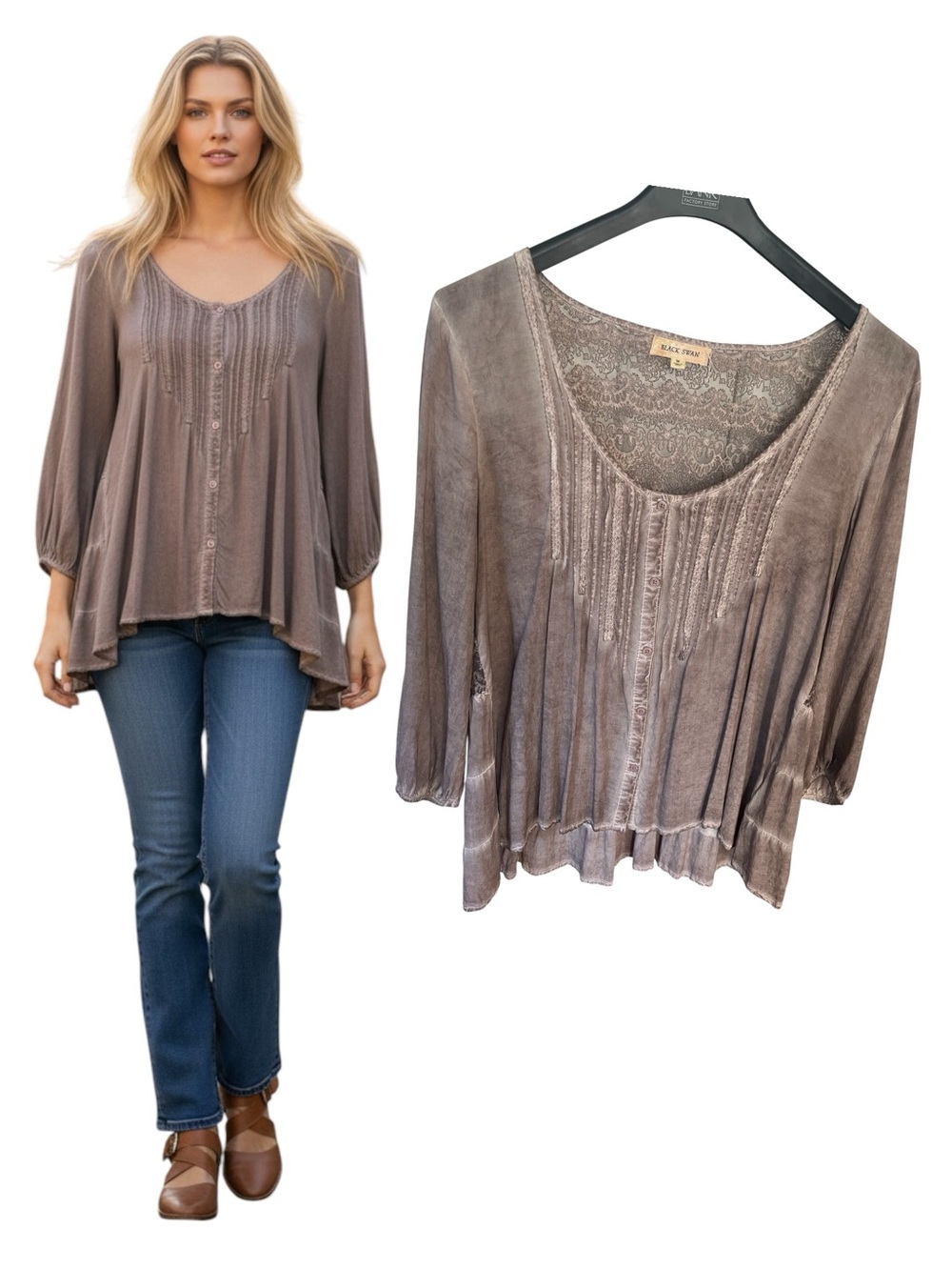 Black Swan Taupe Washed Boho Flowy Button Front Top | Lace Back | Bohemian| M